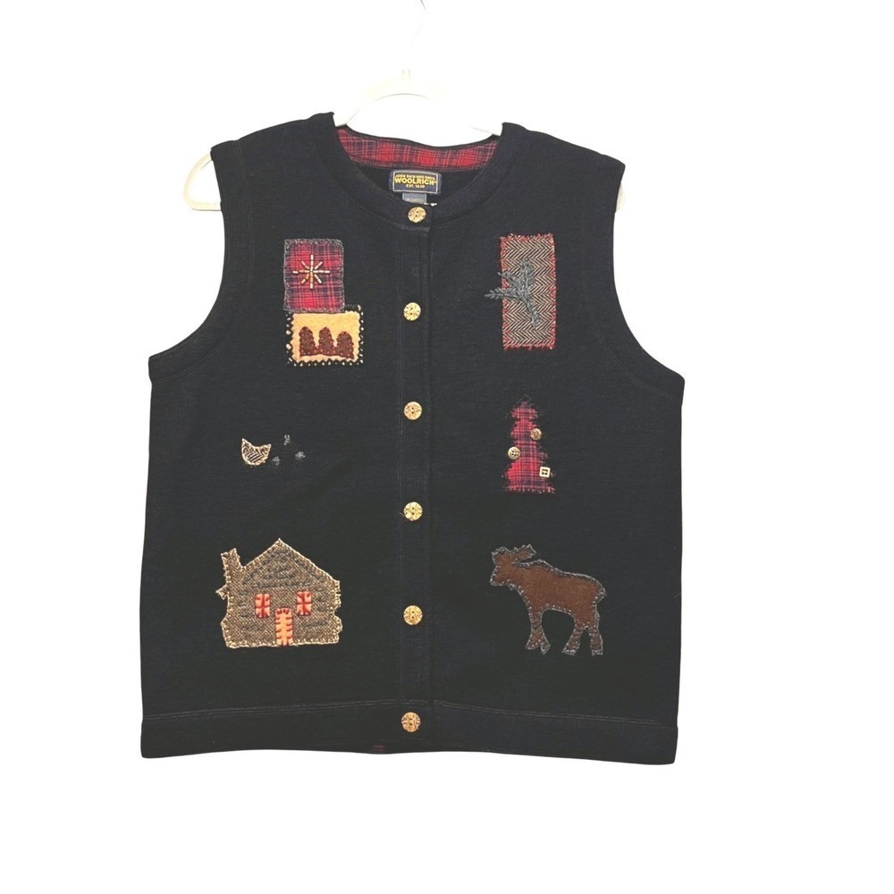 Woolrich Black Knit Vest Applique Moose Cabincore Cottagecore Weirdcore‎ Grandma